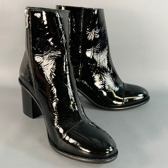 ZADIG & VOLTAIRE Size 10 Black Patent Leather Stacked Heel Cap Toe Boots - Picture 1 of 8